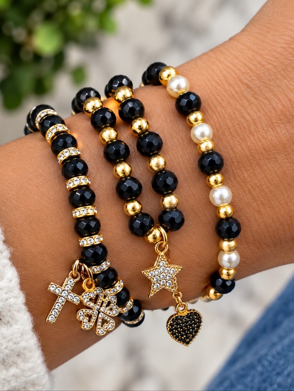 Black & Gold Beaded Charm Bracelet Set with Pearls